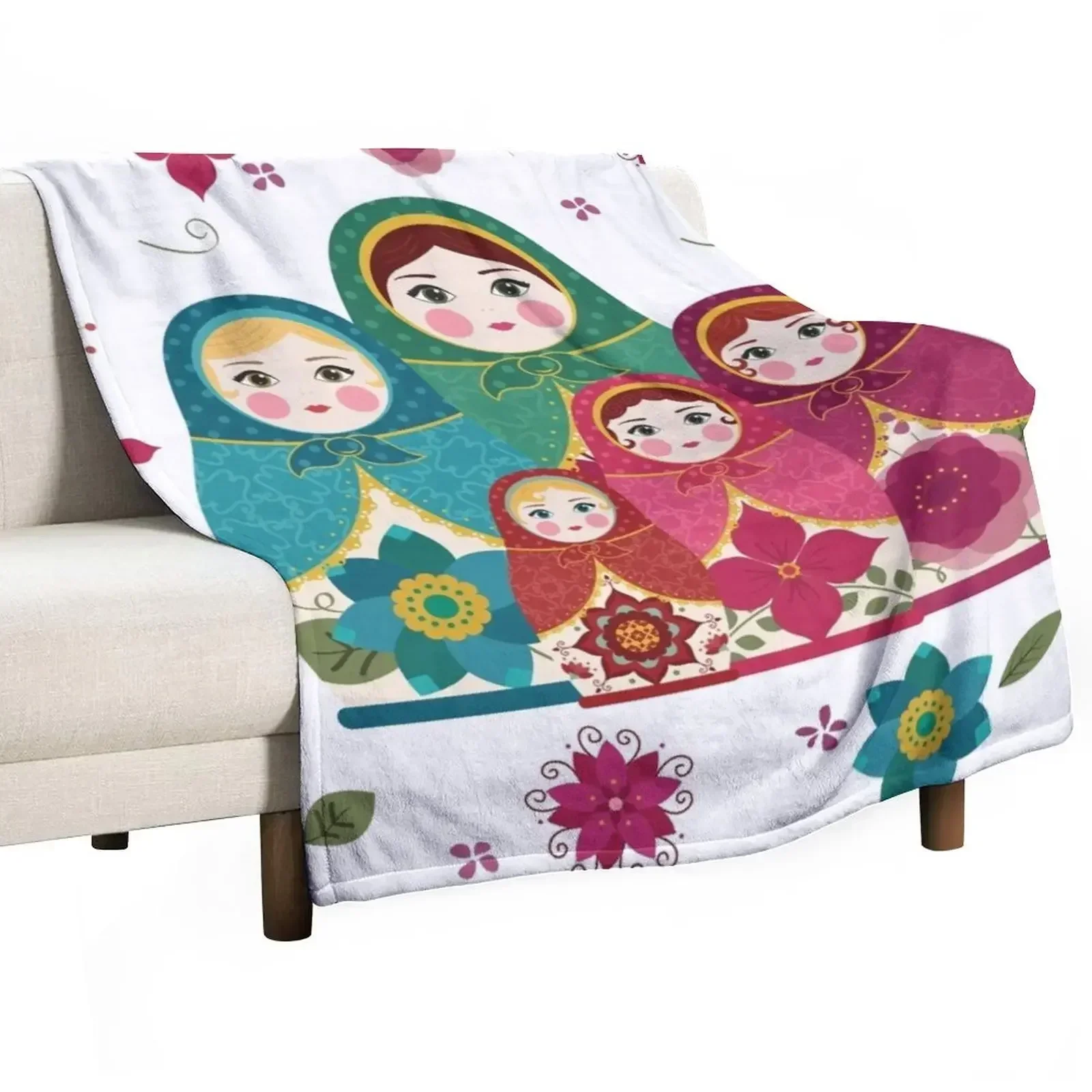 

Russian Dolls White Throw Blanket Flannel Decorative Beds Decoratives for winter Blankets