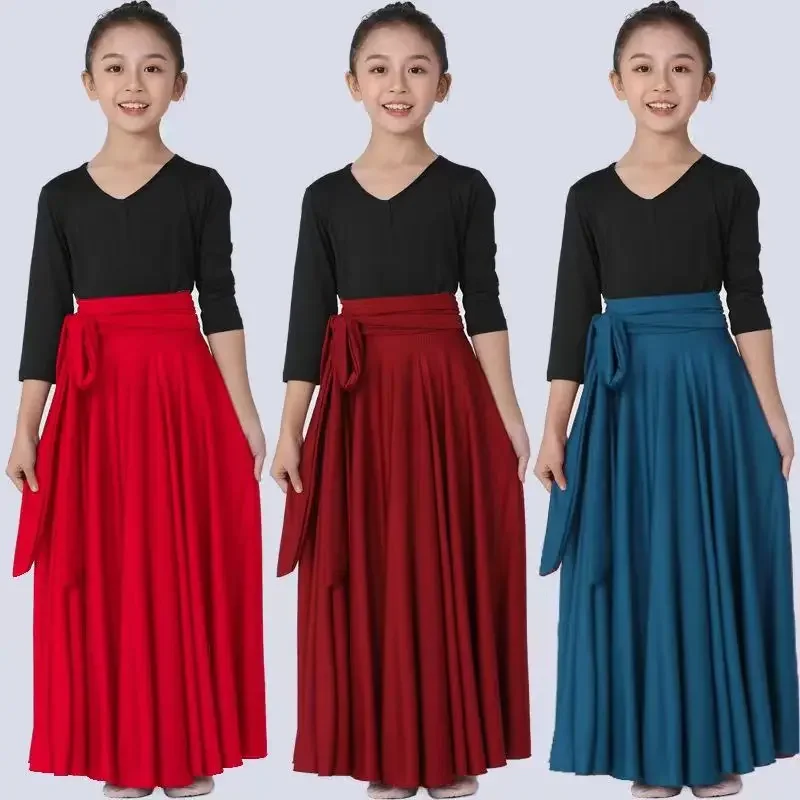 Saia espanhola de dança flamenca para crianças, vestido longo para dança do ventre para meninas, saia grande, cor gradiente, performance cigana