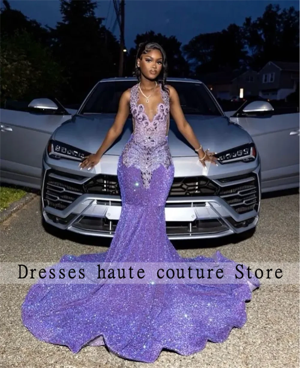 Purple Crystal Sequins Prom Dress 2025 For Black Girls Mermaid Style Lilac Rhinestones Party Gowns Graduation Dress Customized