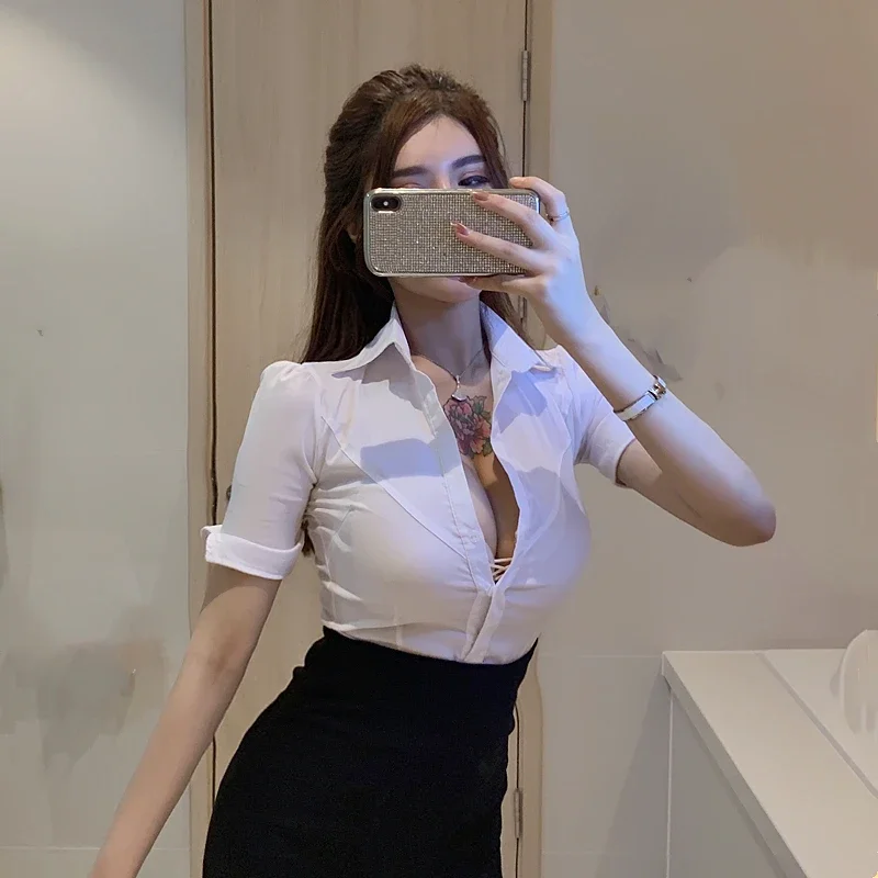 Women\'s White Mini Shirt, V-Neck Shirts, Slim Uniform, Gothic Tops, Sexy Club Blouses, Temperament, New, Summer