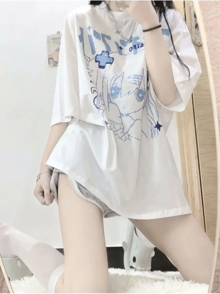 2022 Summer Kpop Japanese Harajuku Anime Graphic T Shirts Women Korean Fashion Streetwear Manga Print Tees White Y2k Tops