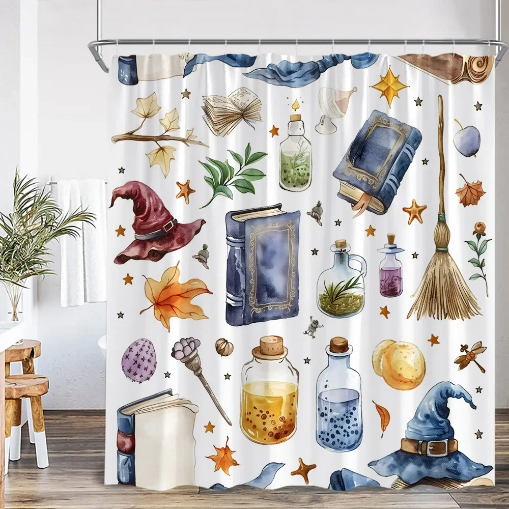 Witchcraft Magic Vintage Shower Curtain Wizard Hat Witch Magical Room Library Books Bookstack Retro Polyester Bath Curtain Cloth