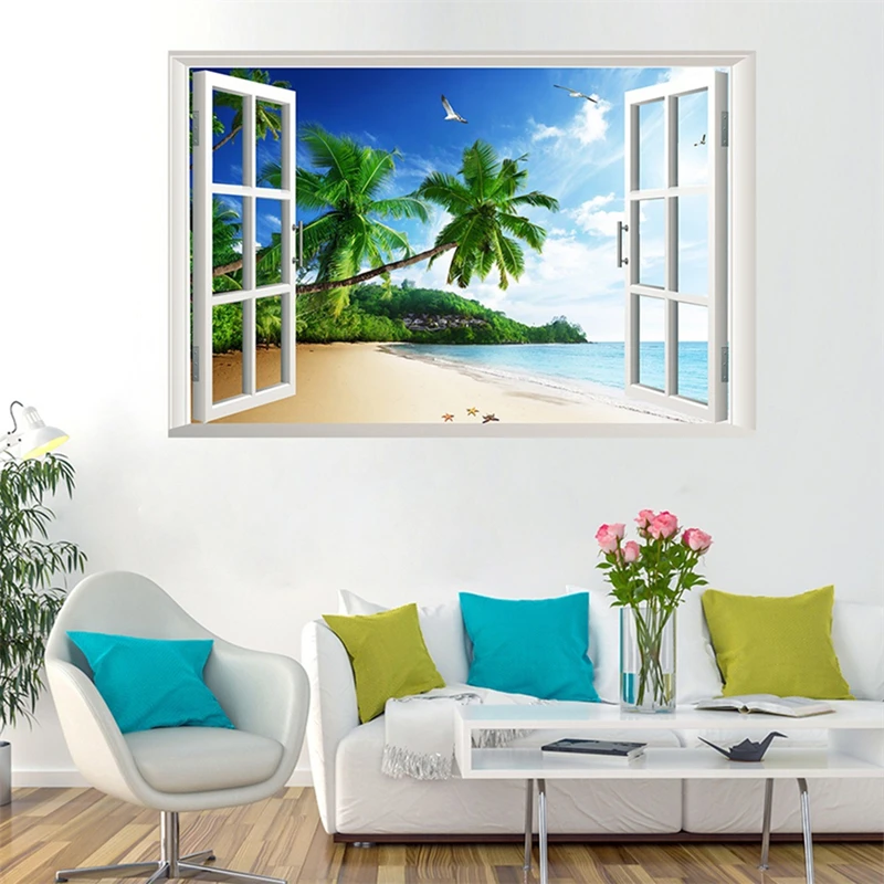 Sea View Mural 3D Wall Art Vinyl Fake Window Landscape Poster Stickers Home Decoration Seabird Beach Palm Tree Scenery Wallpaper