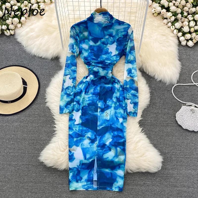 Neploe Spring 2024 New Long Sleeve Dress for Women V-neck Printed Vestido De Mujer Bow Bandage High Waist Ladies Dresses Female