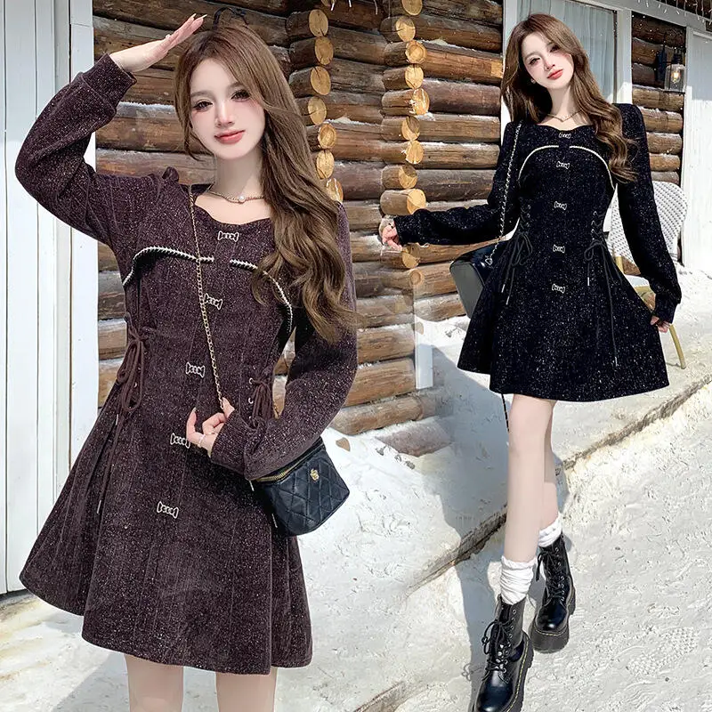 Hot 2026 Autumn Winter New Women Fashion Small Fragrance Style Long Sleeved Dress Socialite Princess Style Medium Long T-Shirt