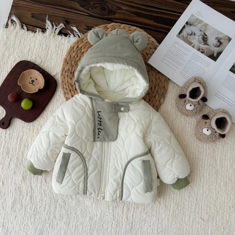 2024 Winter Korean Baby Boys Parkas Cotton Quilted Hooded Cartoon Thickened Infant Boys Jacket Toddler Boys Outerwears Coat