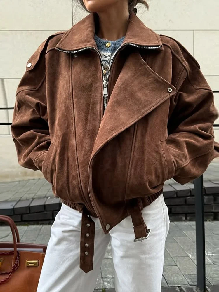

Chic Women's Belt Brown Suede Jacket Vintage Lapel Zipper Full Sleeve Female Short Coat Spring Lady Commute Street Outwear