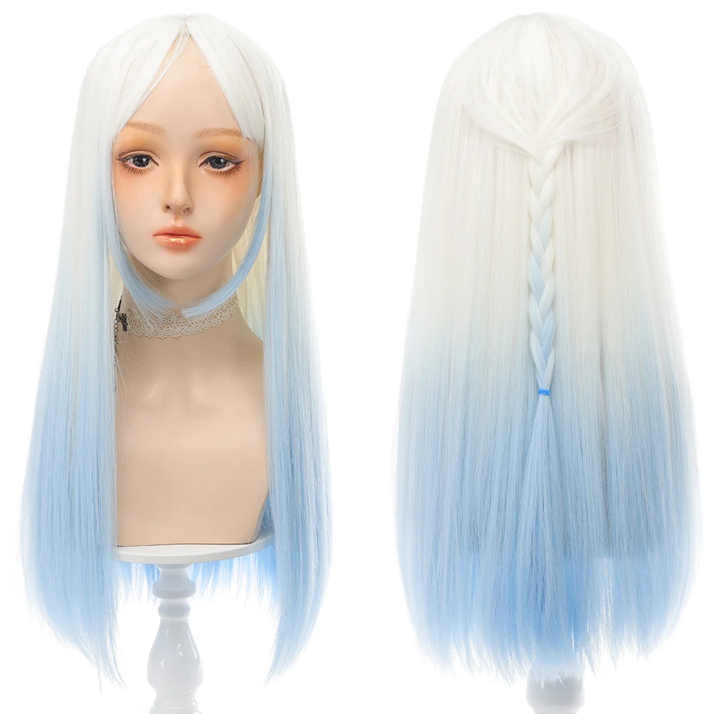 

XG Blue gradient long straight hair, fashionable Korean air bangs, fashionable round face chemical fiber wig