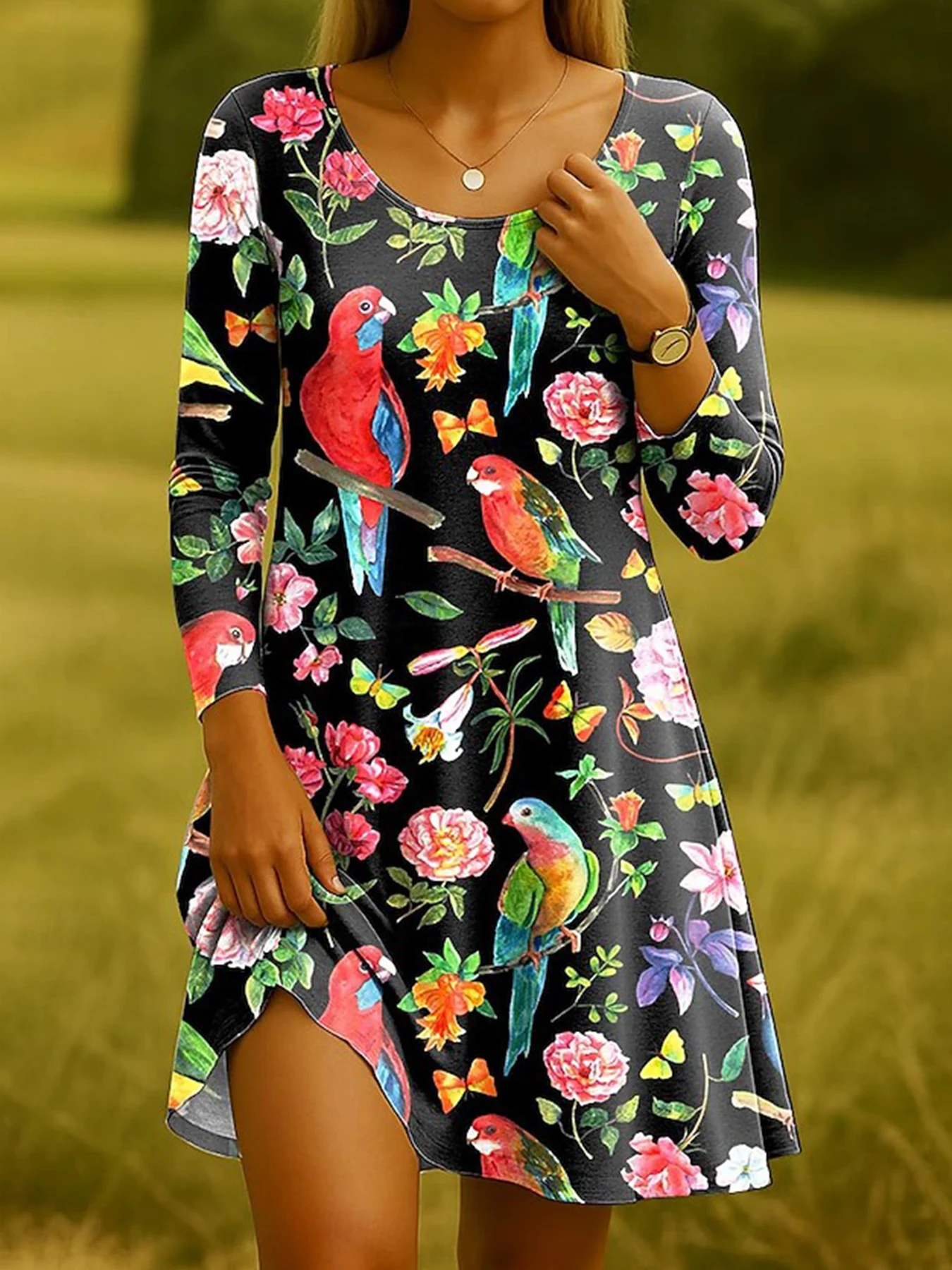 فستان نسائي قصير أنيق برقبة دائرية وأكمام طويلة فستان جرافيك كاجوال على شكل حرف A فستان ربيع خريف وشتاء