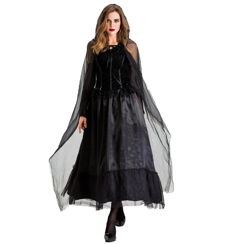 تنورة سوداء طويلة أزياء تنكرية لجميع القديسين الموت العروس الساحرة أداء المرحلة الزي النسائي التقليدي العرقي...