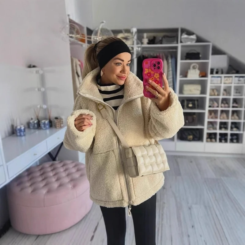 Chaquetas gruesas para mujer, abrigo de piel sintética con cuello alto, holgado, elegante Y2k, chaqueta peluda cálida con cremallera, ropa de calle para Otoño e Invierno