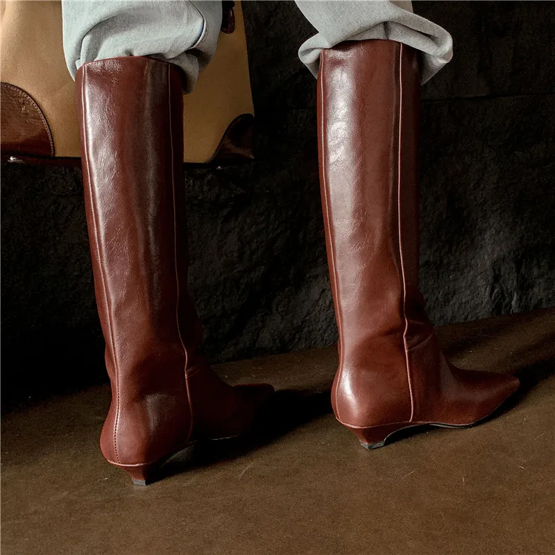 MORAZORA 2024 Size 33-41 New Genuine Leather Autumn Boots Fashion Female Slip On Knee High Boots Thick Med Heels Boots