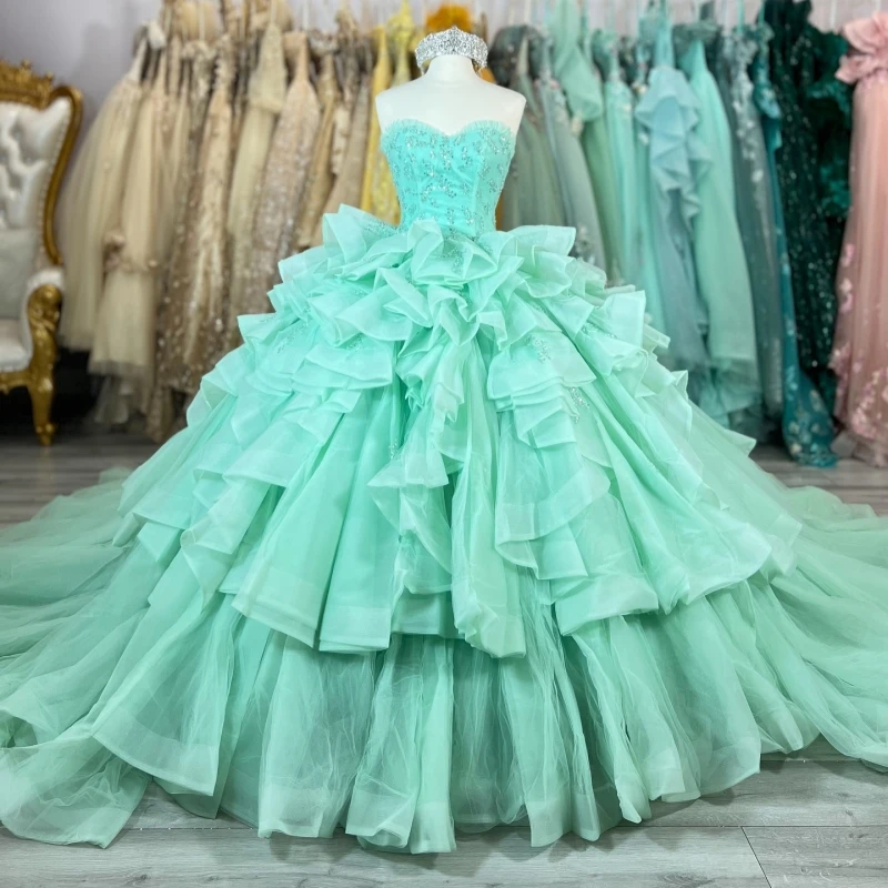 

Мятно-зеленое блестящее бальное платье Quinceanera Платья с открытыми плечами и бусинами Многоуровневое тюлевое платье для вечеринки, дня рождения Sweet 16, Vestidos 15 De