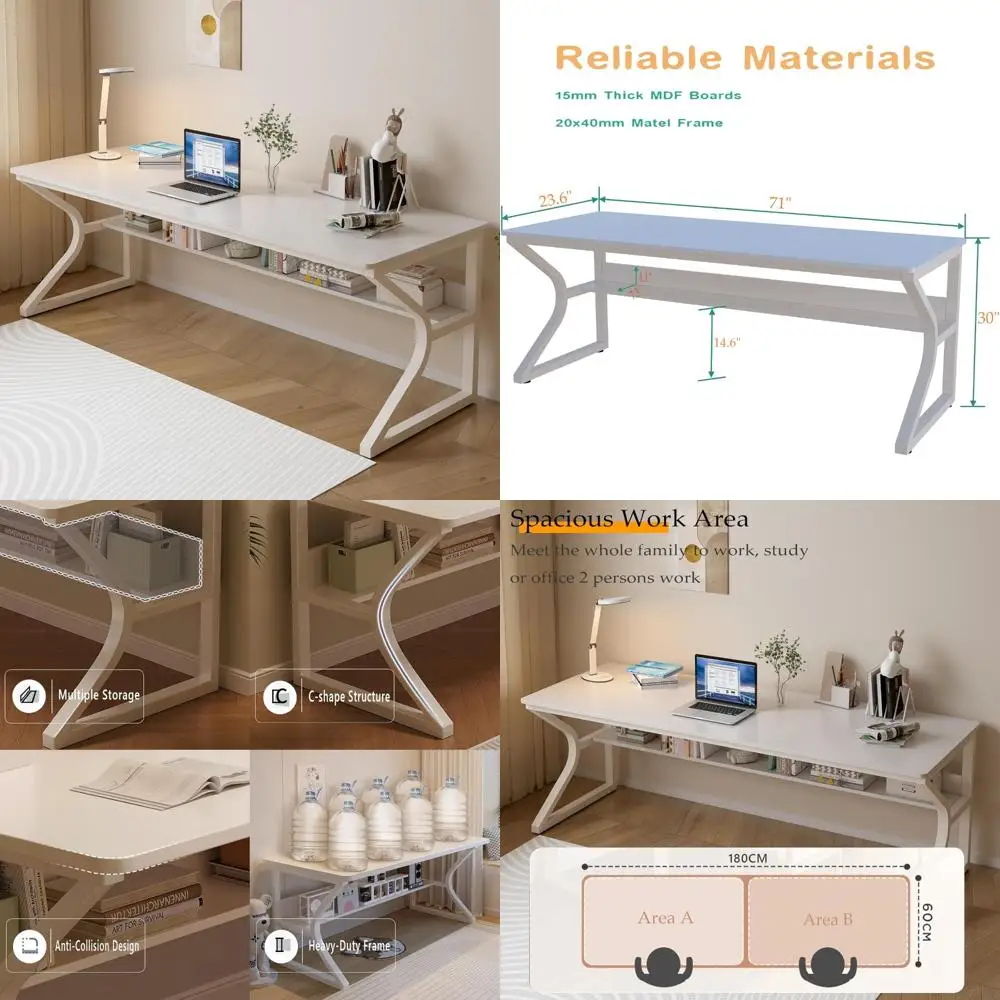 Elegant 71 Long Dual Desk with Built-in Bookshelf for Home Office, Study, and Computer Workstation