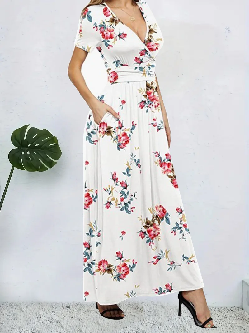 Spring and Summer New Style Fashionable and Elegant Short-Sleeved Wrap Waist V-Neck Women's Dress with Pockets