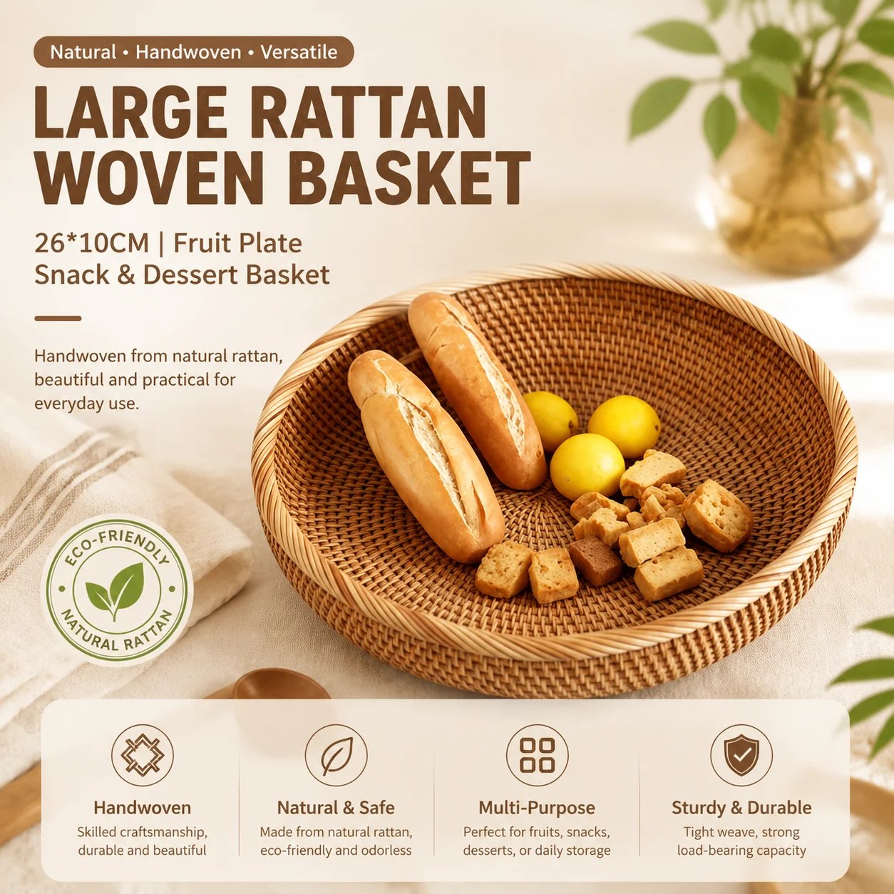 Vietnam Rattan Storage Tray Round Fruit Basket Handwoven Wicker Fruit Plate Japanese Style Snack Pastry Serving Tray Living Room