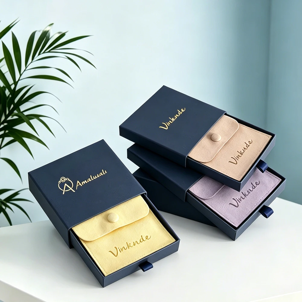

Customized Logo Luxury Navy Cardboard Drawer Jewelry Gift Boxes for Ring Earrings Necklaces Bracelets Wedding Snap Bag Pouch