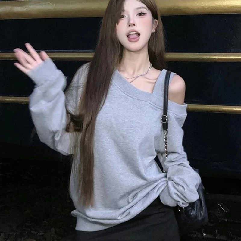 

Pop American Women's Fashion Off-shoulder Long Sleeve Solid Color Loose Casual Sweatshirt