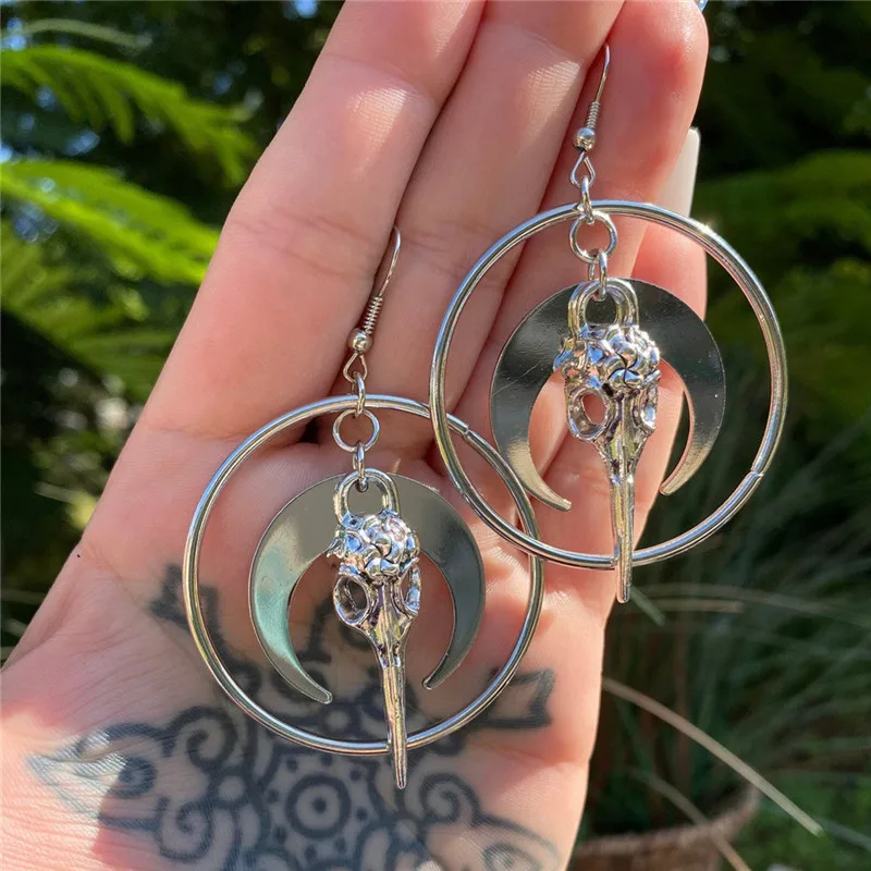 Gothic Raven Skull Moon Hoop Earrings - Silver Plated Crow Skull & Crescent Moon Drop Earrings, Dark Grunge Jewelry For Women