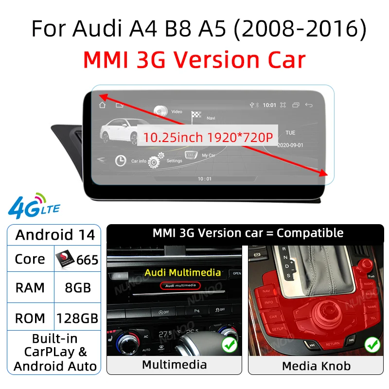 Android 14 Qualcomm CarPlay Draadloos Auto voor Audi A4 B8 A5 8K 2008~2016 MMI Auto Multimedia Speler GPS WiFi DSP