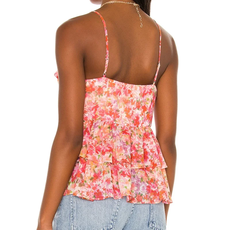 Damski Y2k wielowarstwowy koronkowy wzburzyć Spaghetti pasek Cami Top kwiatowy Print Babydoll Tank Top zwiewny krawat z przodu bez rękawów Camisole