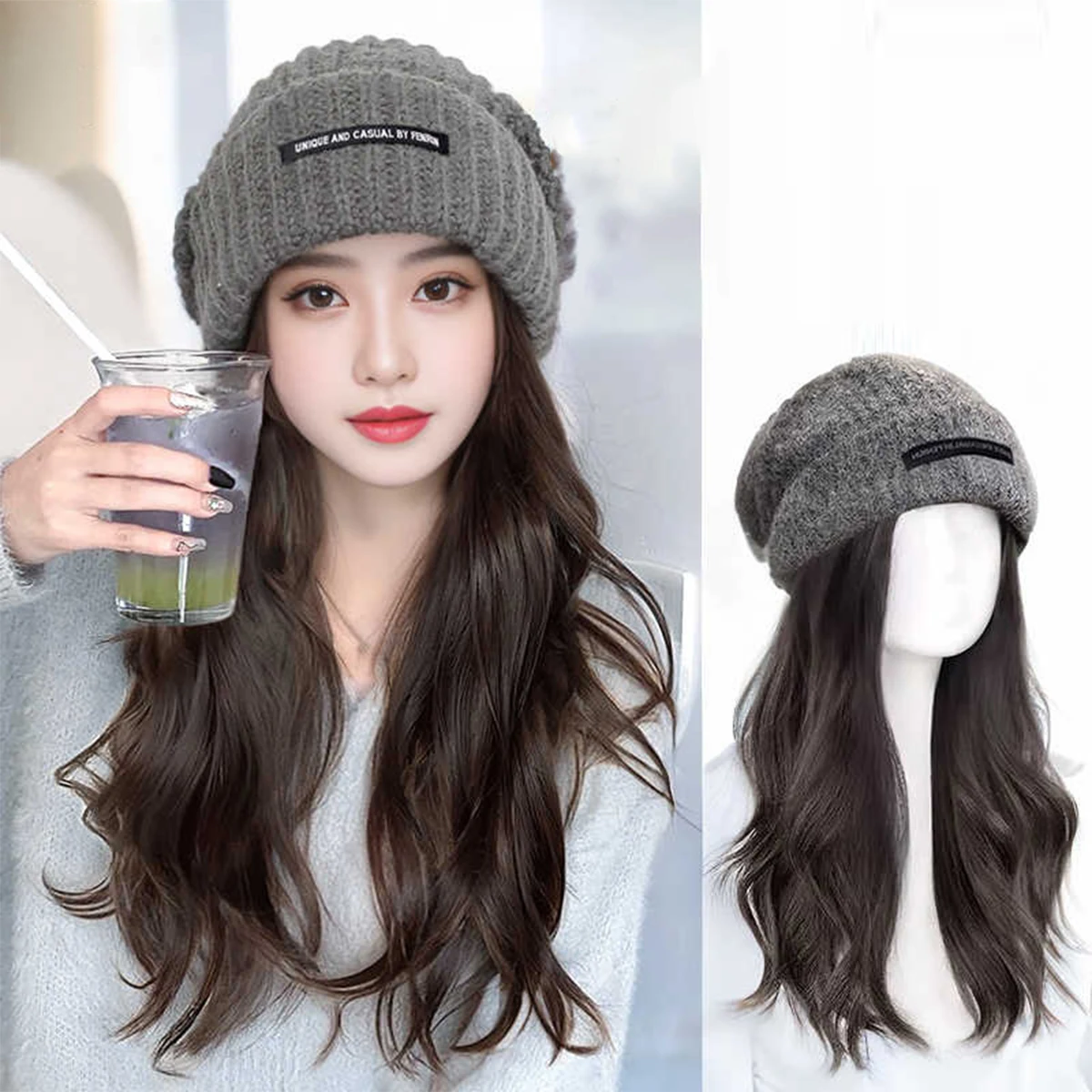 BEAUTYENTER Synthetic Hat Wig For Women With Long Hair Fashionable Autumn And Winter Warm Wool Knitted Beanie Curly Hair Wig Hat