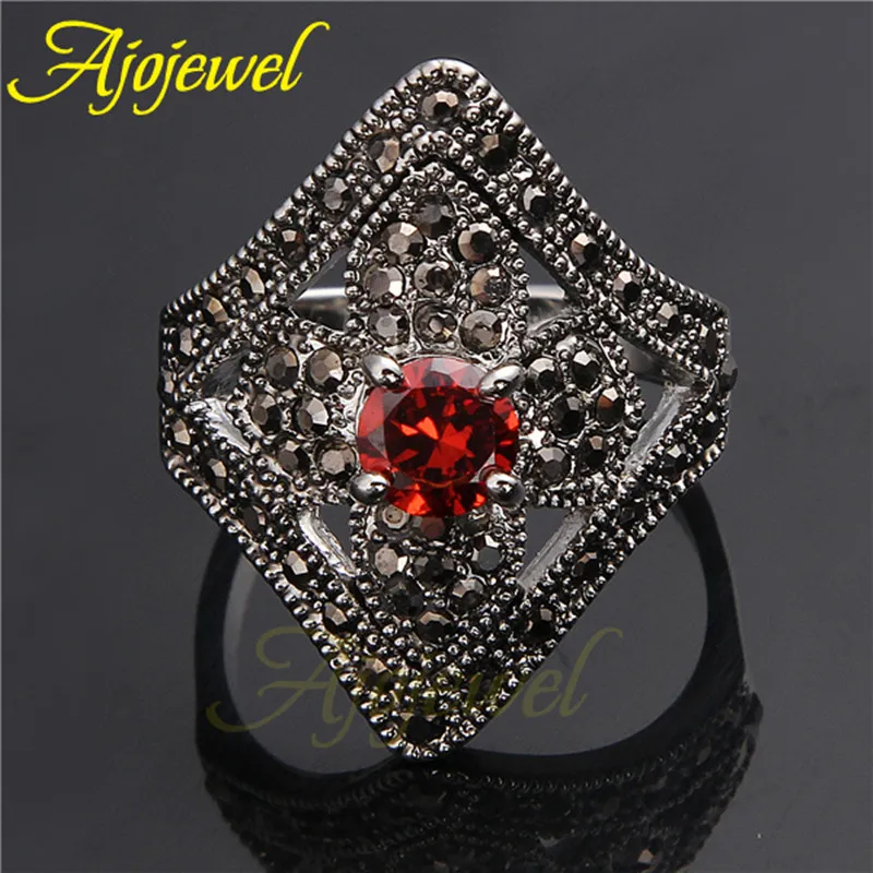Ajojewel AAA Cubic Zirconia Vintage Flower Ring Black Rhinestone Geometric Jewelry Finger