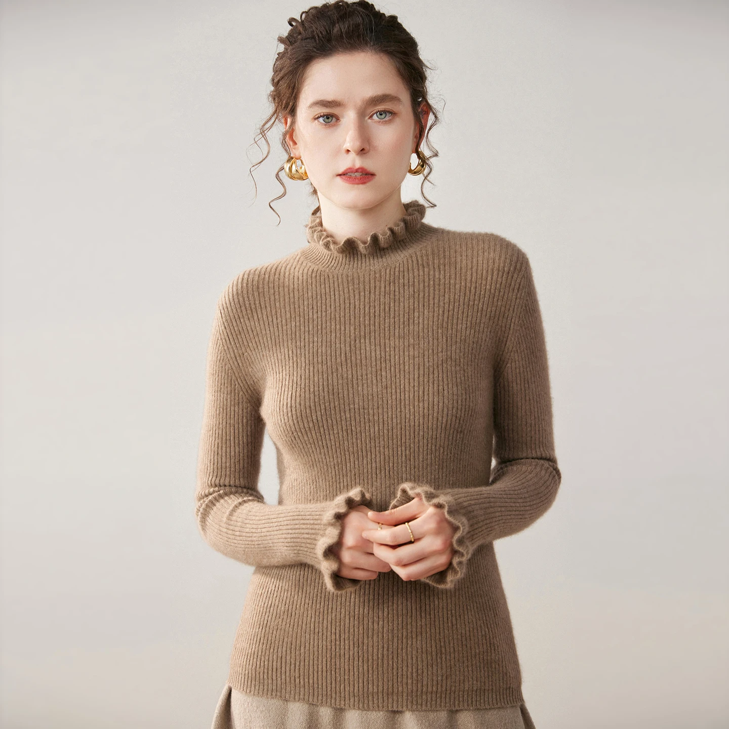 Autumn Winter Women's 100%Cashmere Sweater Pullover Plain Mock Neck Ruffle Trim Neck and Cuffs Timeless Delicate Casual Knit Top