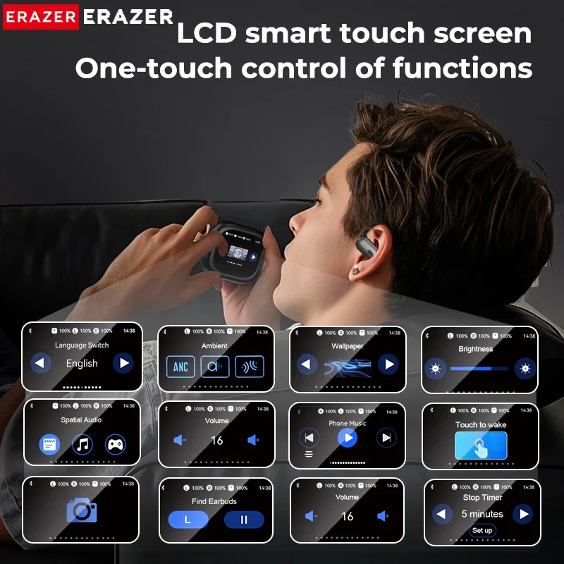 ERAZER XF38 سماعات بلوتوث LCD تعمل باللمس OWS سماعات رأس لاسلكية رياضية سماعات أذن مع ميكروفون طويل العمر مريح