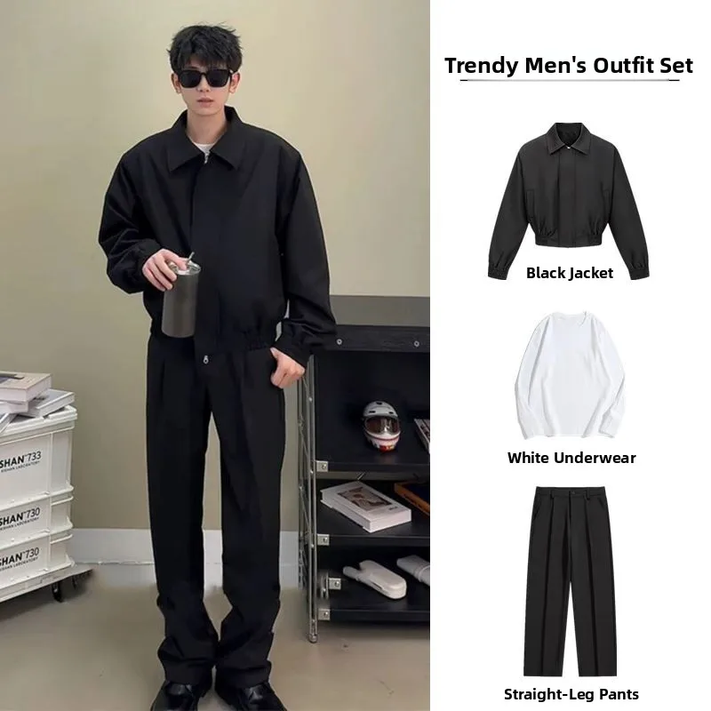 

Cleanfit American Sle ort Zipper Jaet Men's Faion Admin Set Pure Color Outerwear oulder Pads Long Sve Long Pants