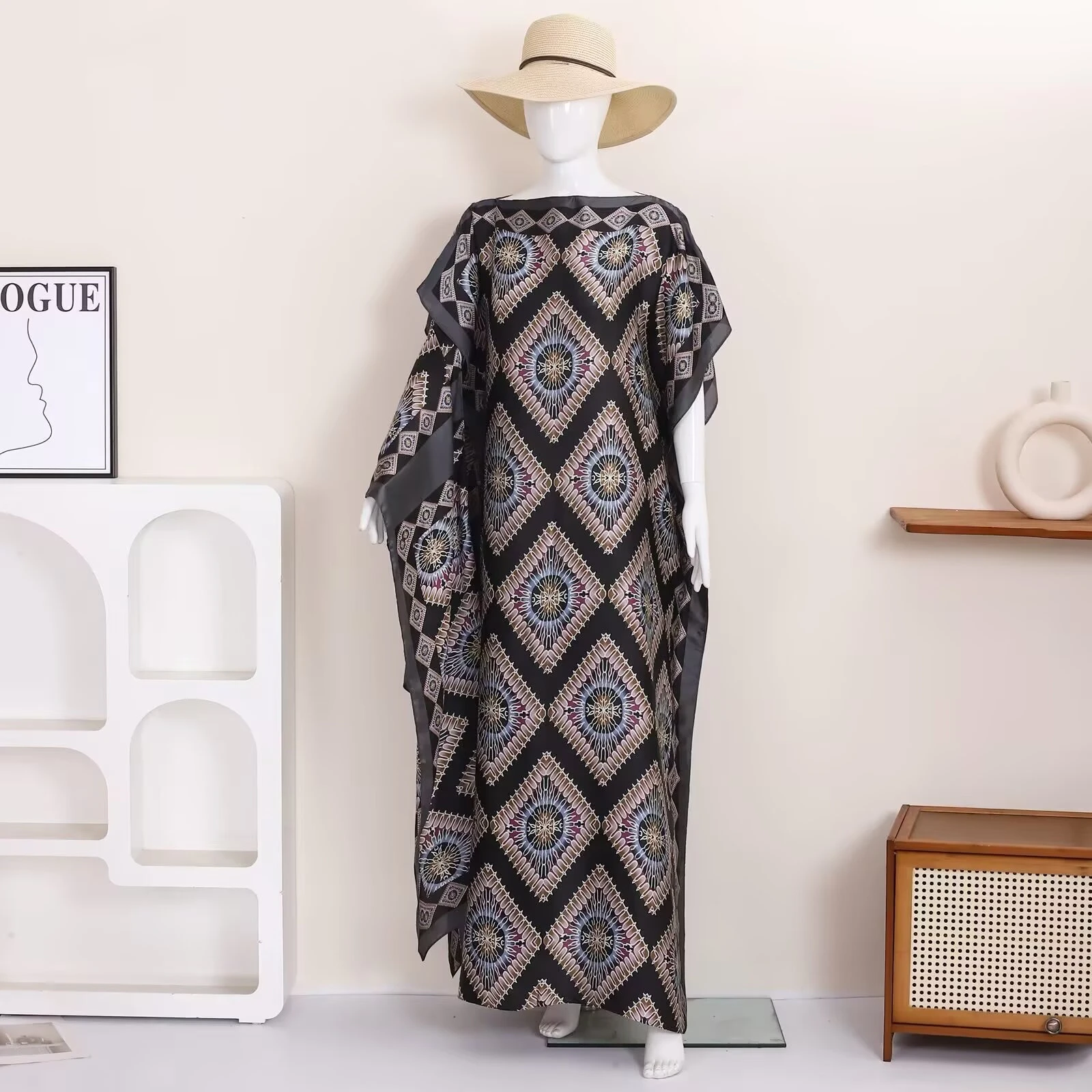1 retro ethnic geometric printed satin robe women's loose long casual dress, suitable for wearing a robe on vacation days view 5