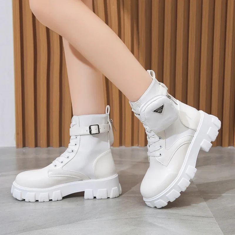 Women Boots New in Motorcycle Ankle Boots Wedges Female Lace Up Platforms White Black Leather Oxford Shoes Women Boots Mujer Bag