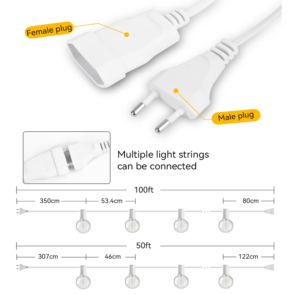 Luzes de fadas para pátio e jardim, cabo branco quente, guirlanda de luz, presente de Natal, G40, 30m, 15m