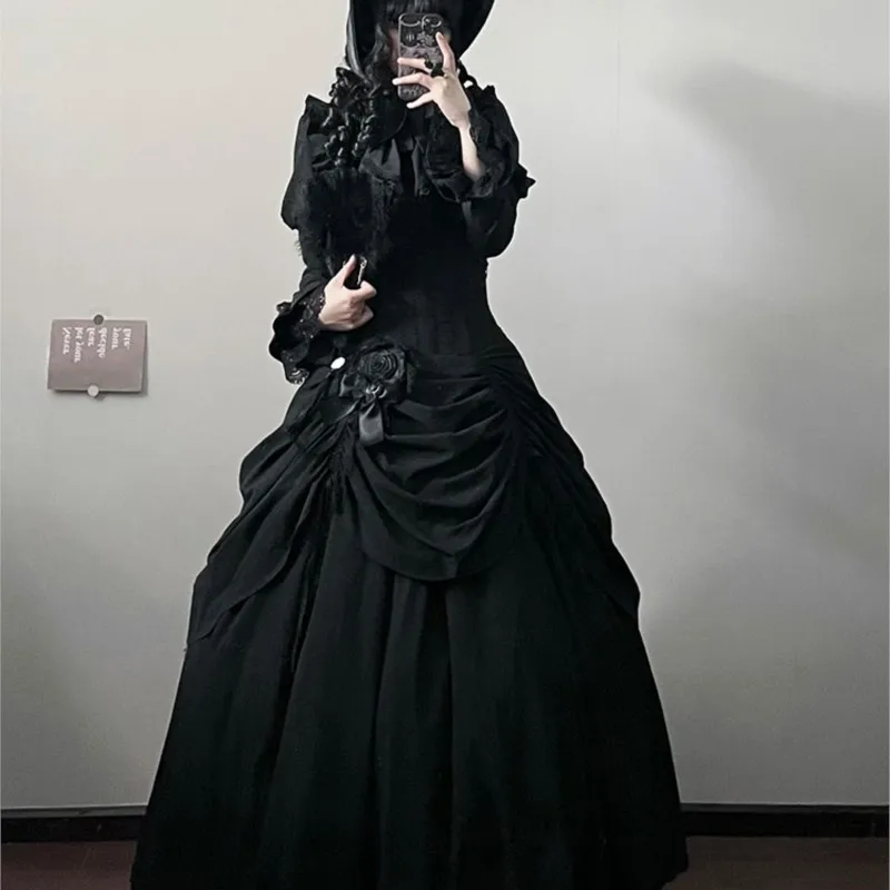 Dark Goth fishbone lace lift hem belted skirt shirt set dress