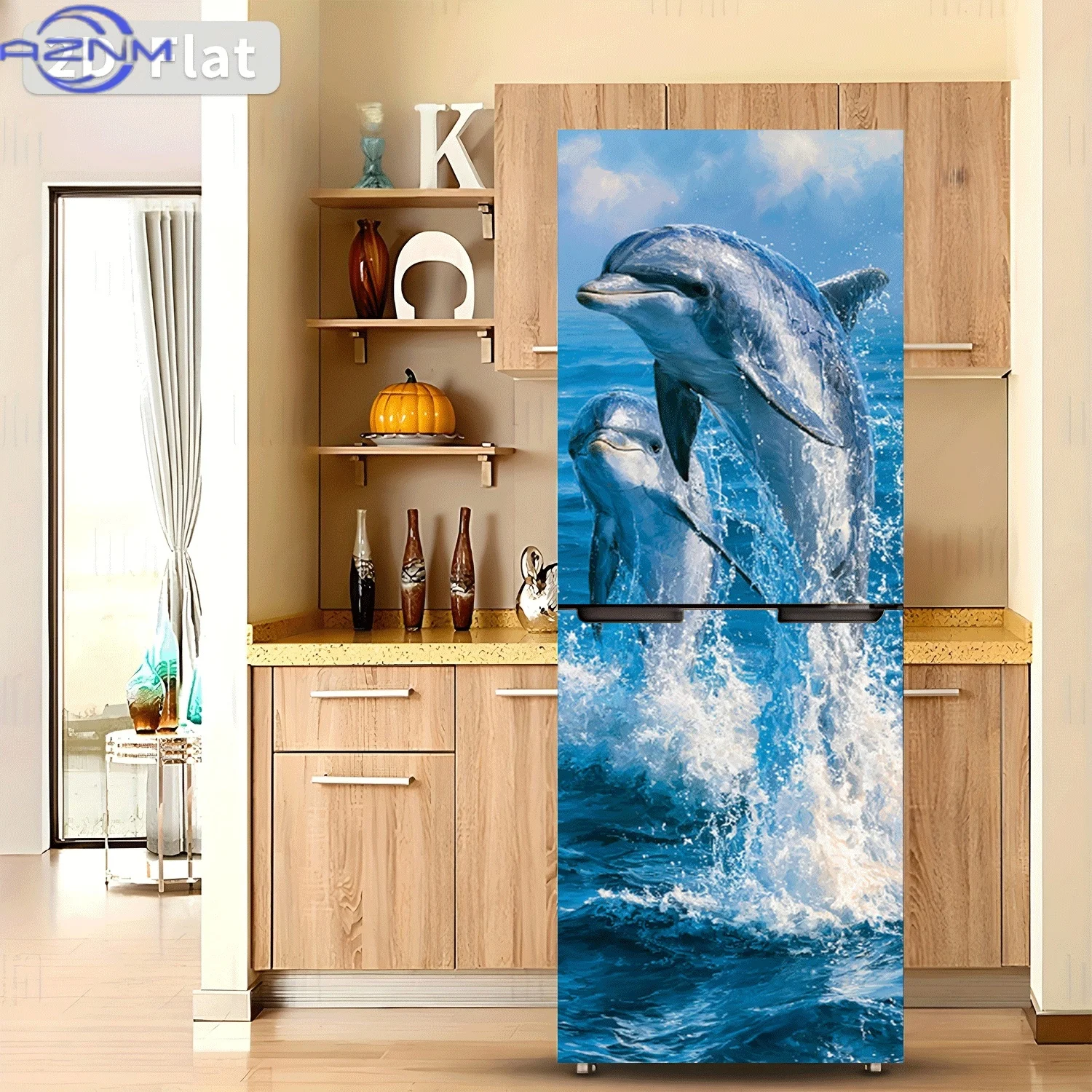 2D Flat Printing 1pc Refrigerator Sticker , Blue Ocean with Two Dolphins Leaping Over Waves Themed Design, Self-Adhesive Wall