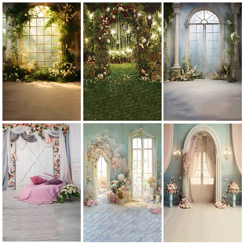

Wedding Portrait Backdrops For Photography Boho Retro Flowers Window Curtain Bridal Shower Birthday Party Photo Background Decor