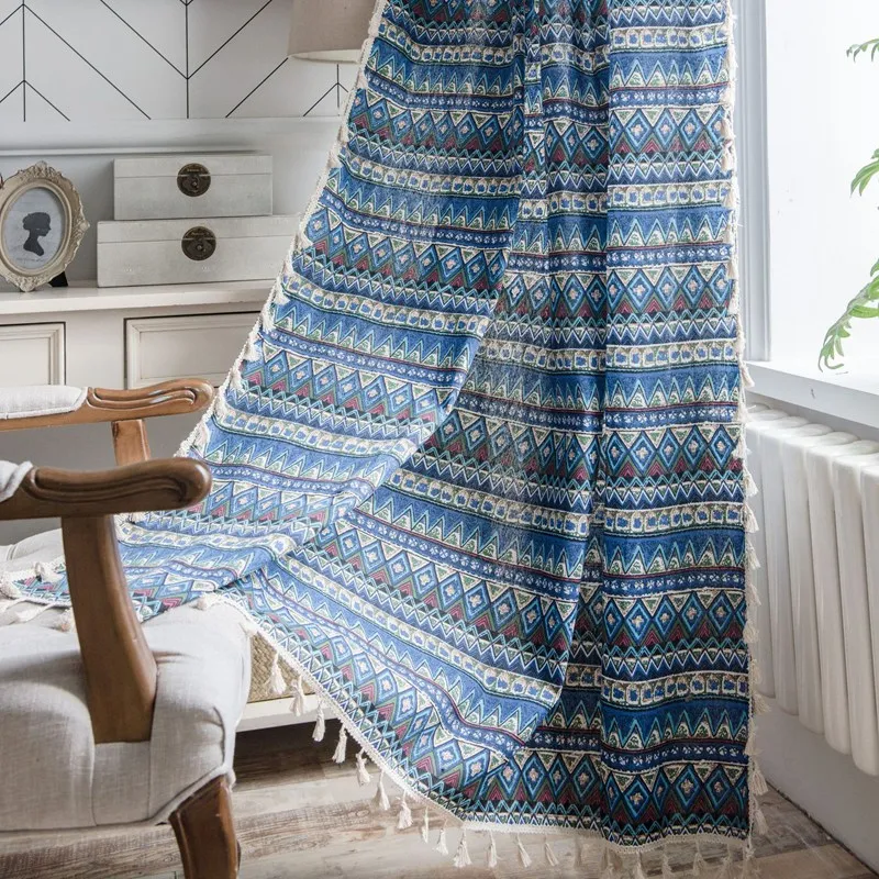 Cotton Linen Curtain Geometric Finished Print Blue Bohemian Curtain Semi-shading Bay Window Bedroom Living Room Blackout Valance
