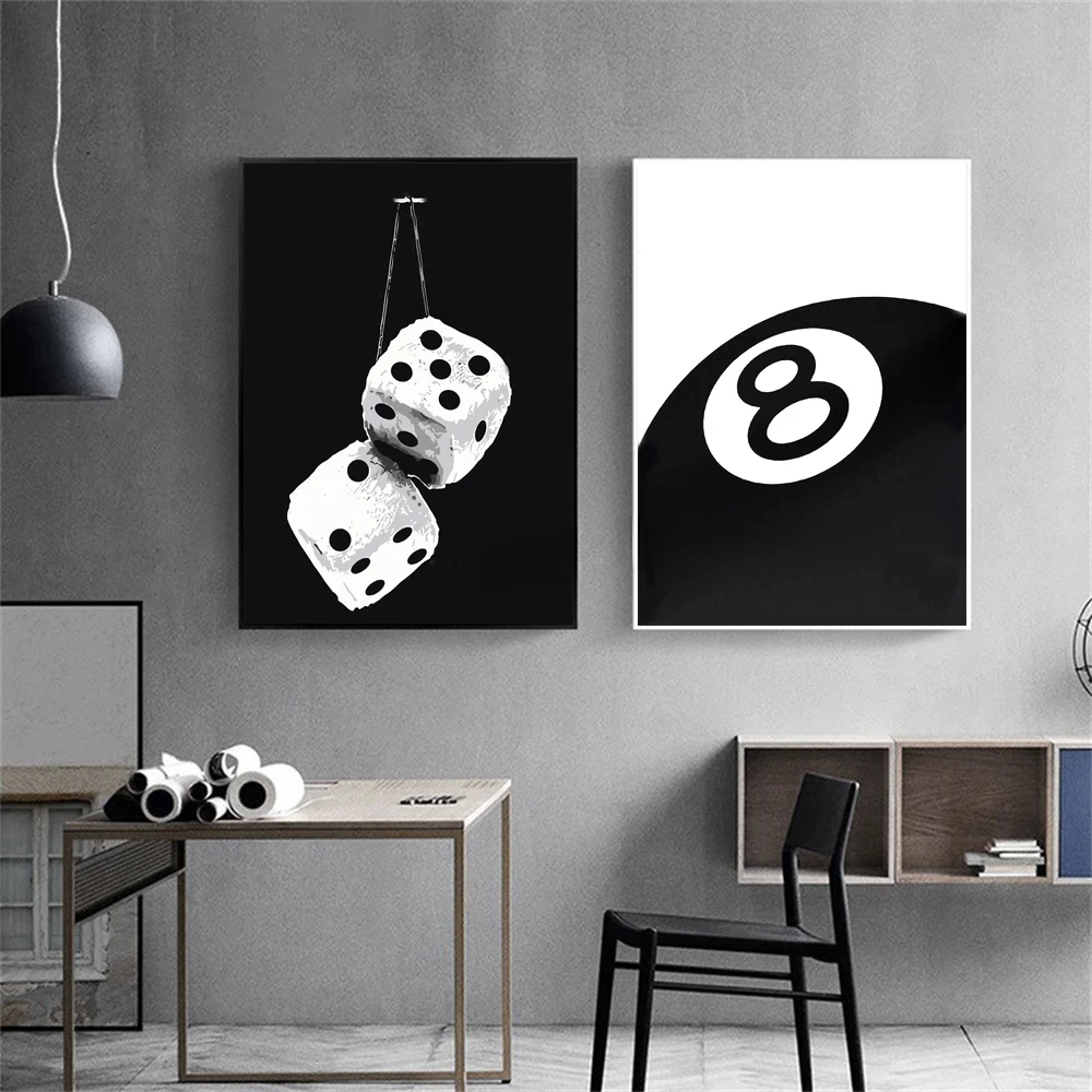 Black And White No.8 Ball Art Poster Billiards Club Theme Wall Art Canvas Painting Prints Living Room Corridor Home Decor