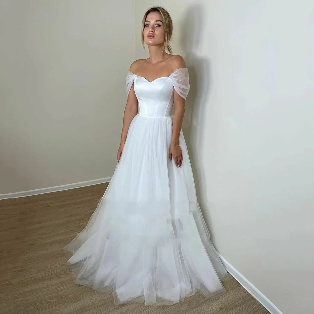 

Elegant Satin Wedding Dresses For Women White Sweetheart Off Shoulder A-Line Vintage Bride Customize To Measures Robe De Mariee