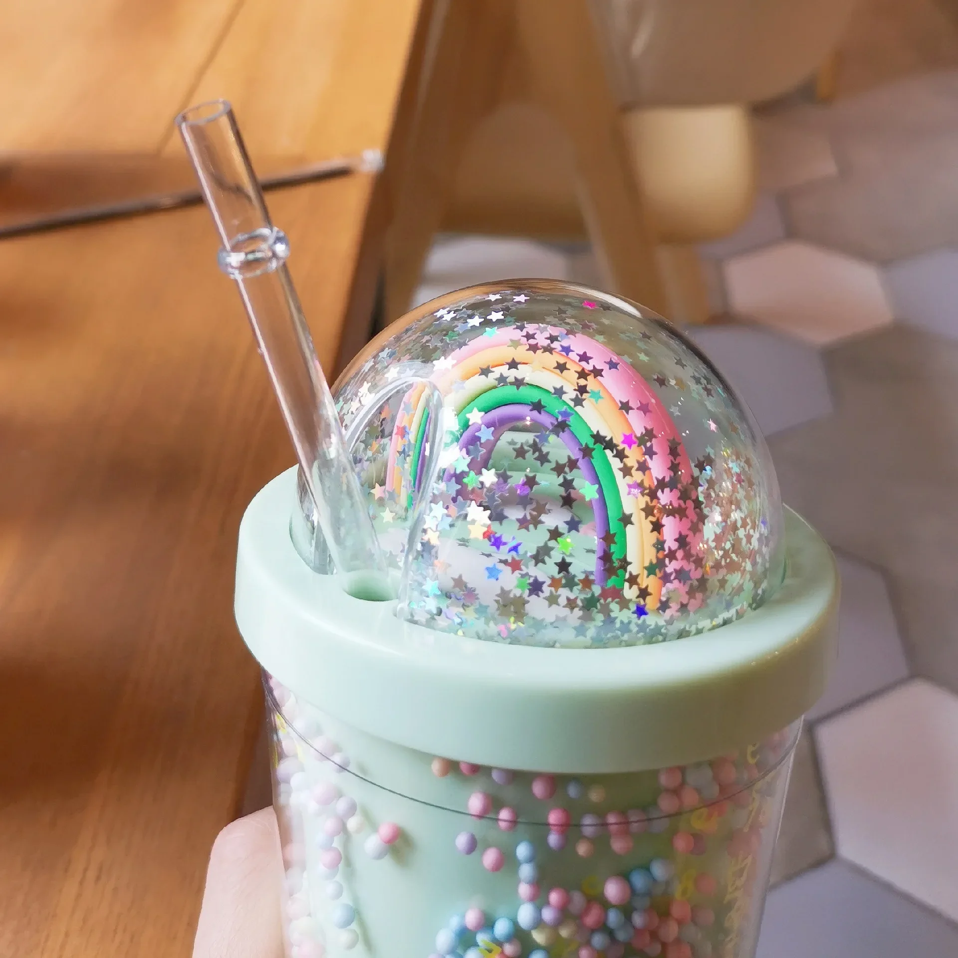 Cartoon Cute Rainbow Cup Straw Double Plastic Girl Water Bottle Juice Milk Coffee Drinking Tumbler  Water Bottles