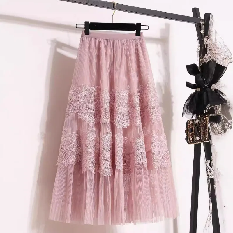 Embroidery Hook-up Lace Mesh Skirt Spring Summer Pleated Pendulum A-shaped Cake Skirt Medium and Long Skirts Elegant Outfits