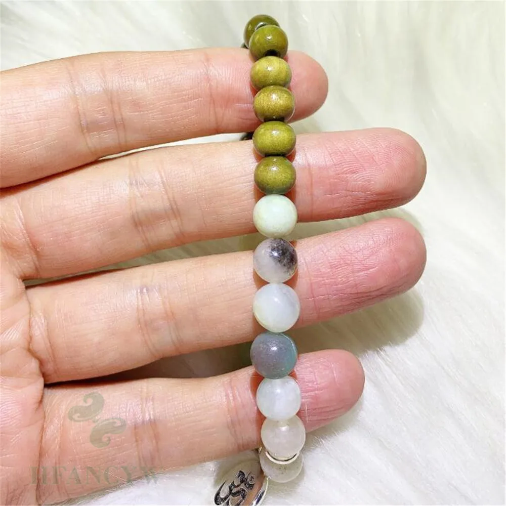 8mm Amazoniteite Wooden Beads Mala OM Pendant Bracelet Classic Chain Beaded Cuff Unisex Artisan Stackable Prayer