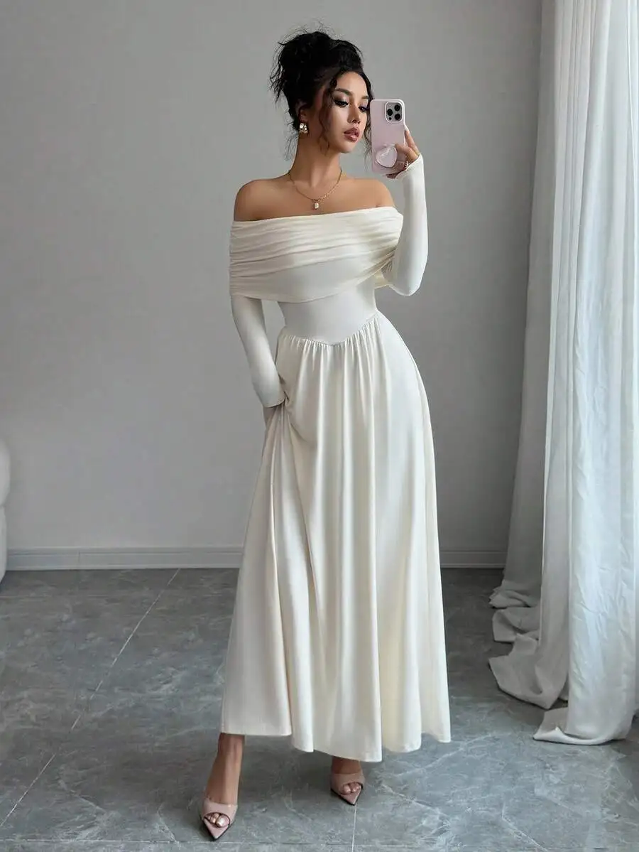 

Women's Off-Shoulder Solid Long Dress with Ruched Bodice and Flowy Skirt