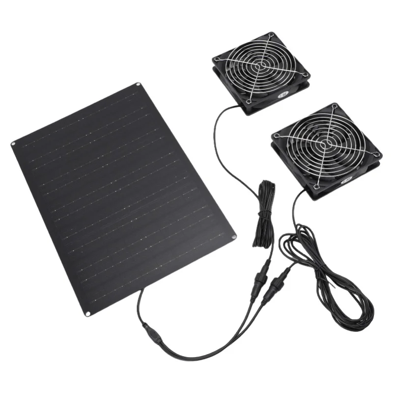 

Комплект двойного вентилятора на солнечной энергии, 75 Вт, 3000–4000 об/мин, IPX7, гидроизоляция, солнечный вытяжной охлаждающий вентилятор для домашнего животного