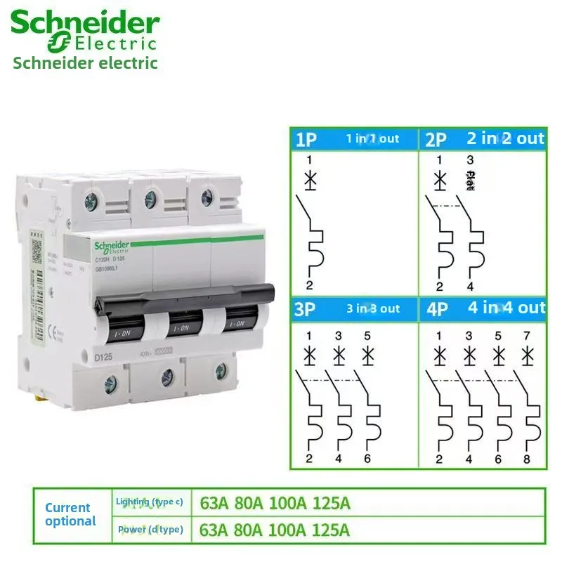 Schneider Electric Air Switch C120H High Current Circuit Breaker 4P80A 4P100A 4P125A 63a 80a 100a 125a 1P 2P 3P 4P/ D Type