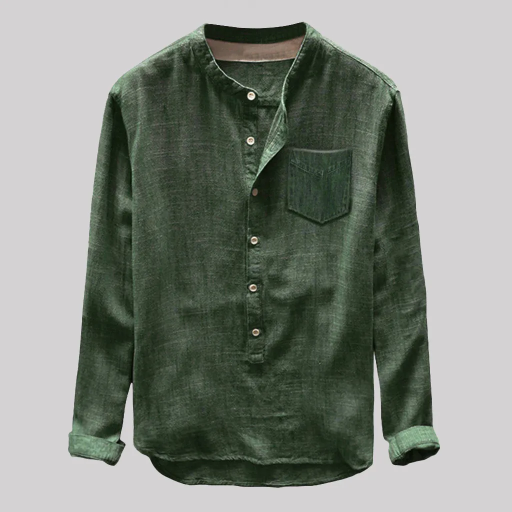 Men Spring Shirt Single-breasted Stand Collar Cardigan Shirt Long Sleeevs Loose Oversized Mid Length Men Summer Tops With Pocket