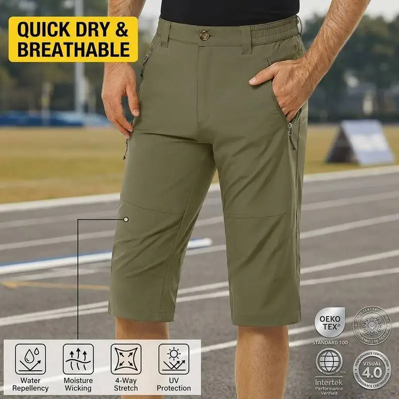 QICHE Men Quick Dry Breathable 5 Inch Sports Shorts Elastic High Waist Straight Multi Pocket All Match Fitness Casual Bottoms