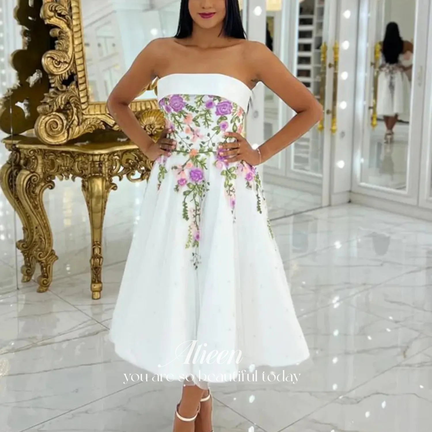 

Aileen Luxurious Evening Dresses for Special Occasions Medium Length White Women's Evening Dress Off the Shoulders Customized