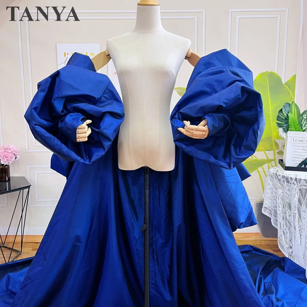 Royal BlueTaffeta Fashion Cape Tiered Back Puffy Sleeves Long Jacket Brides Wraps 2M Length Cover Up Bridal Cloak Accessories