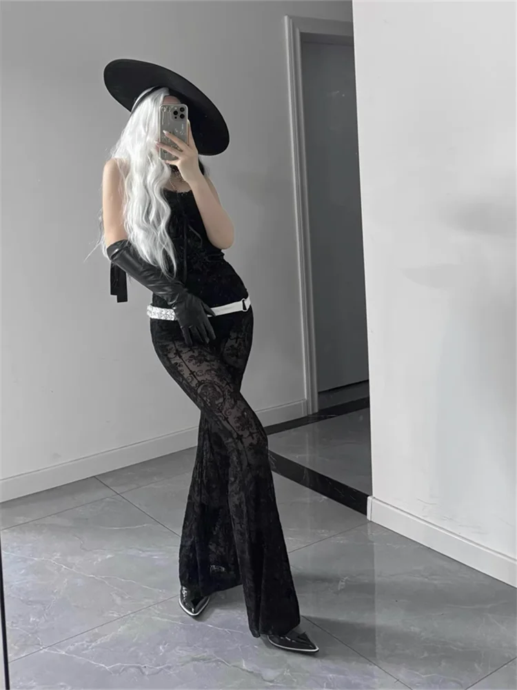 セクシーなシースルーレーススカルハイウエストパンツ レディース 2025 パンク ゴス パーティー フレアパンツ ストリートウェア ブラック スリムフィット ボトムス